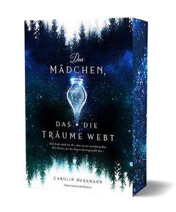 Das Cover zeigt im oberen Bereich einen blau-schimmerneden Wald, der im unteren Bereich gespiegelt ist. Die Farbe verläuft von Blau zu Grün. In der Mitte ist eine Phiole,  in der es schimmert. Darüber und darunter befindet sich der Titel.